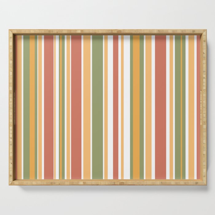 Retro Stripes 2 - Mid Century Modern 50s 60s 70s Pattern in Green, Orange, Yellow, and White Serving Tray Gallery Image 1