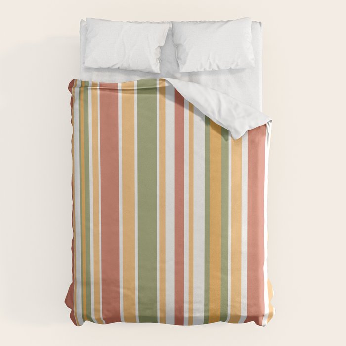 Retro Stripes 2 - Mid Century Modern 50s 60s 70s Pattern in Green, Orange, Yellow, and White Duvet Cover Gallery Image 1