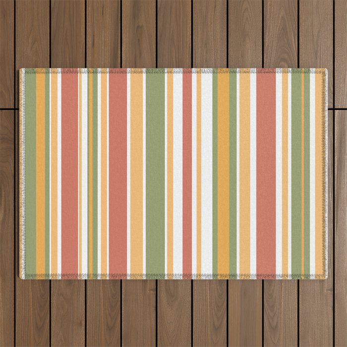 Retro Stripes 2 - Mid Century Modern 50s 60s 70s Pattern in Green, Orange, Yellow, and White Outdoor Rug Gallery Image 1