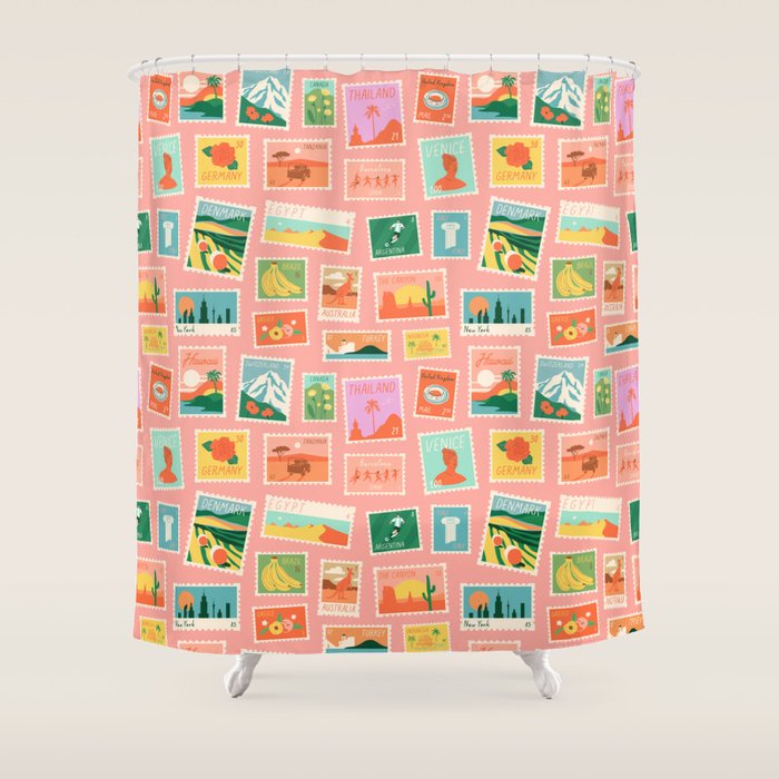 Vintage international world travel post card stamp pattern Shower Curtain Gallery Image 1