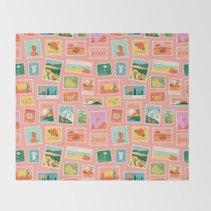 Vintage international world travel post card stamp pattern Throw Blanket Gallery Image 2