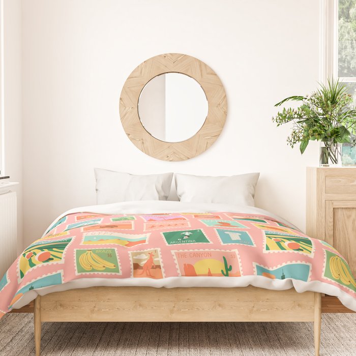 Vintage international world travel post card stamp pattern Duvet Cover Gallery Image 3