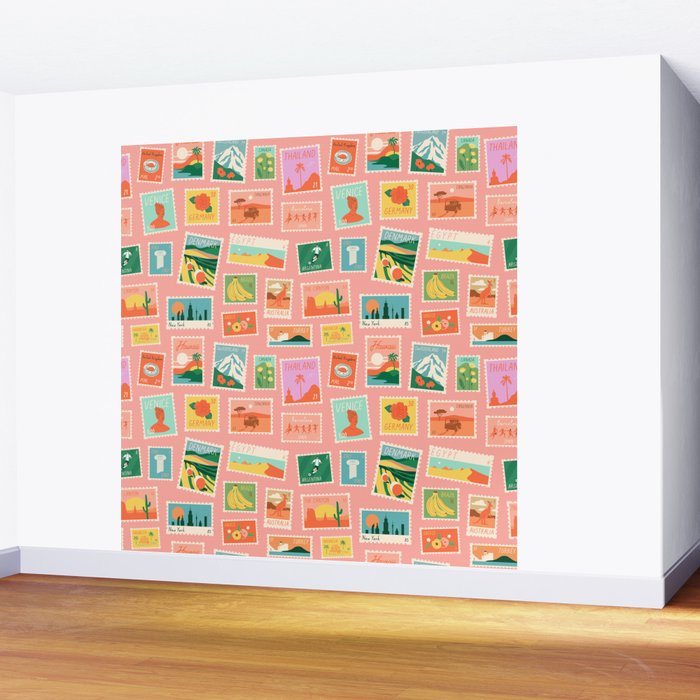 Vintage international world travel post card stamp pattern Wall Mural Gallery Image 2