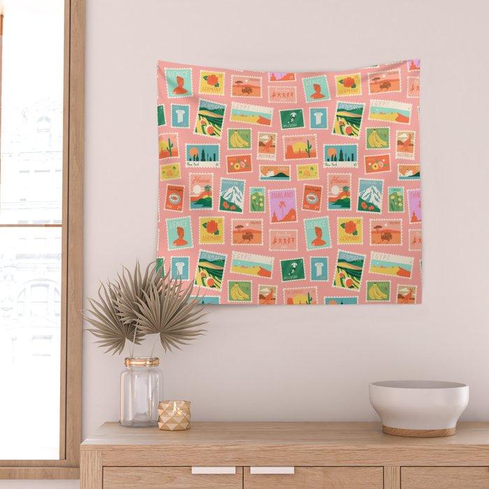 Vintage international world travel post card stamp pattern Wall Tapestry Gallery Image 2