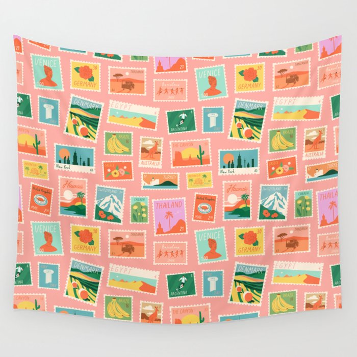 Vintage international world travel post card stamp pattern Wall Tapestry Gallery Image 4