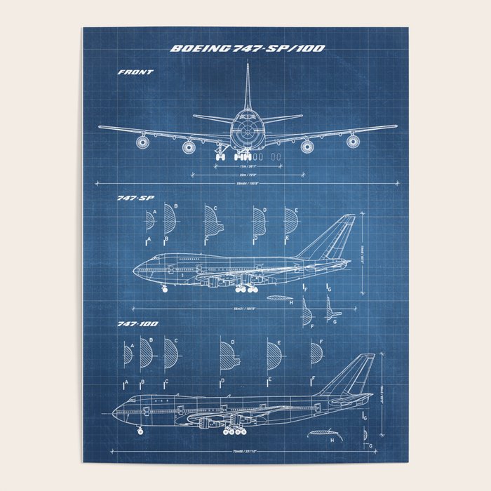 Boeing 747-SP and 747-100 Blueprint in High Resolution (light blue) Poster