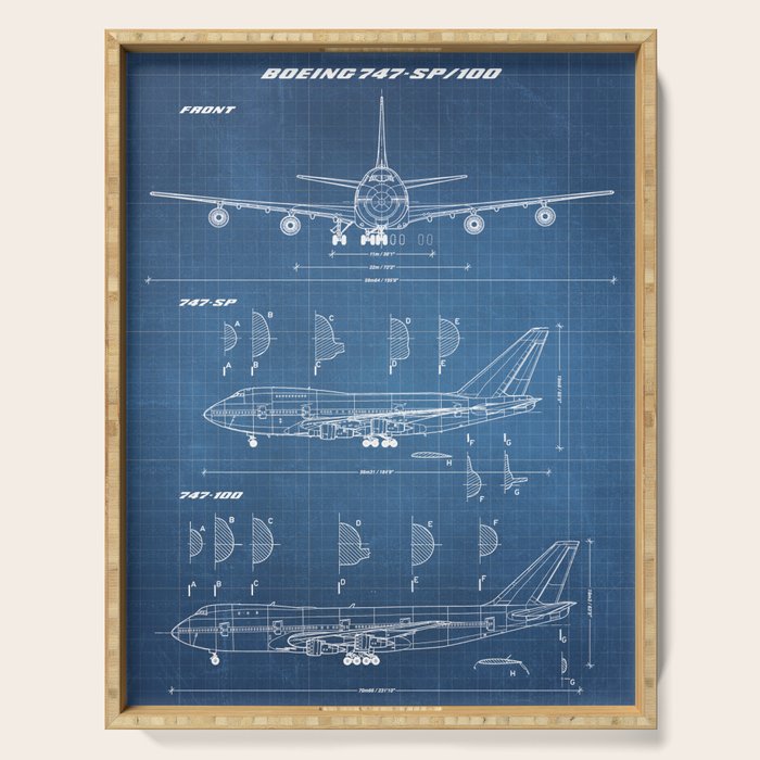 Boeing 747-SP and 747-100 Blueprint in High Resolution (light blue) Serving Tray Gallery Image 1
