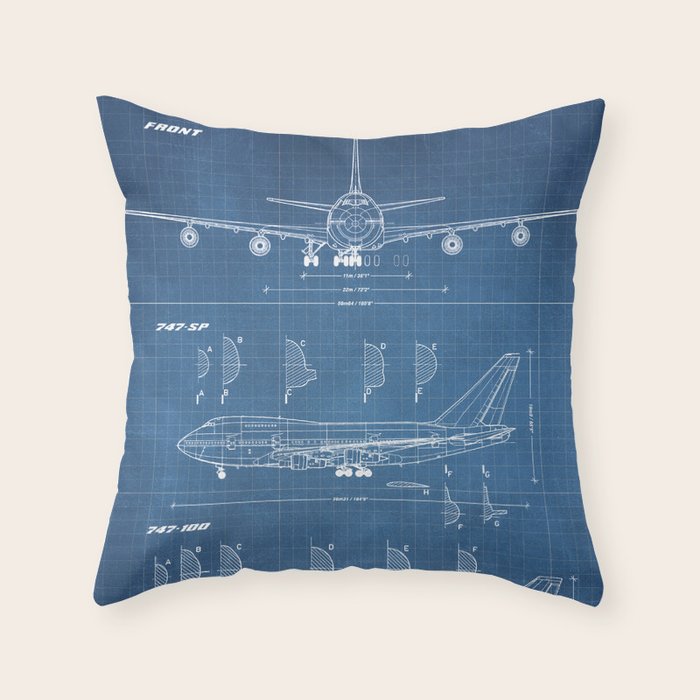 Boeing 747-SP and 747-100 Blueprint in High Resolution (light blue) Throw Pillow Gallery Image 6