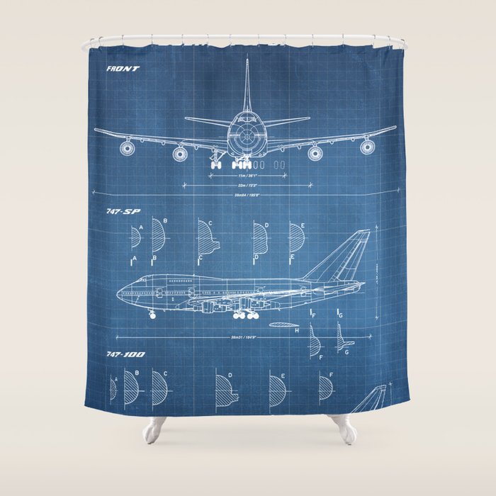 Boeing 747-SP and 747-100 Blueprint in High Resolution (light blue) Shower Curtain Gallery Image 1
