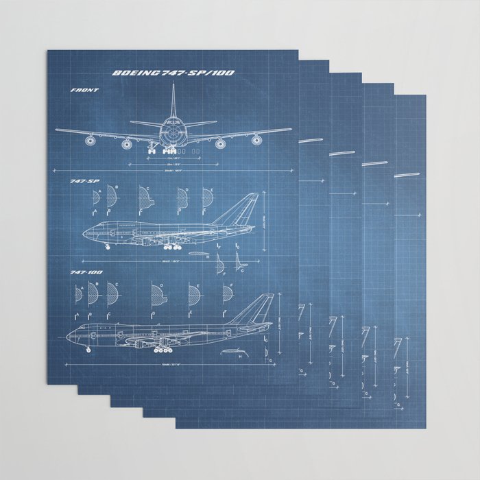Boeing 747-SP and 747-100 Blueprint in High Resolution (light blue) Wrapping Paper Gallery Image 3