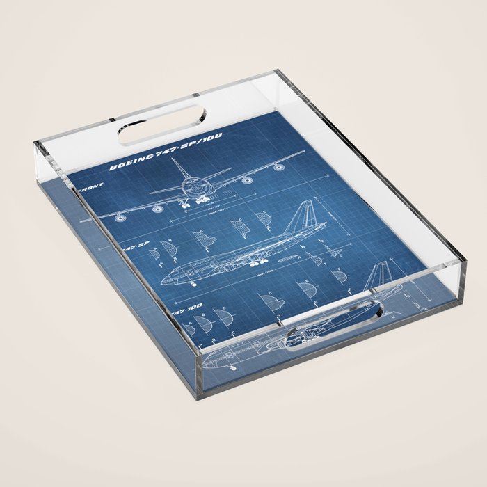 Boeing 747-SP and 747-100 Blueprint in High Resolution (light blue) Acrylic Tray Gallery Image 1