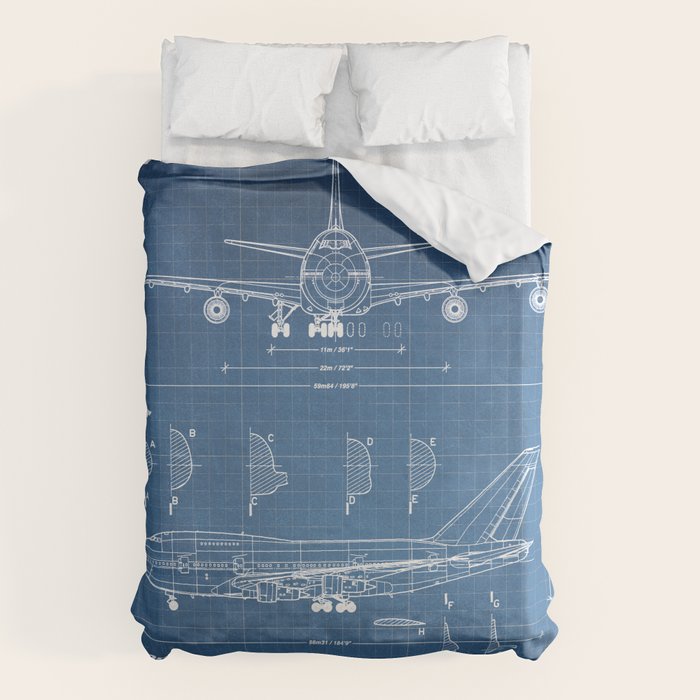Boeing 747-SP and 747-100 Blueprint in High Resolution (light blue) Duvet Cover Gallery Image 1