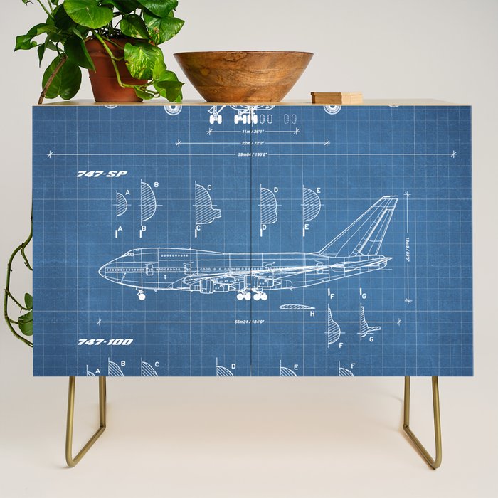 Boeing 747-SP and 747-100 Blueprint in High Resolution (light blue) Credenza Gallery Image 1