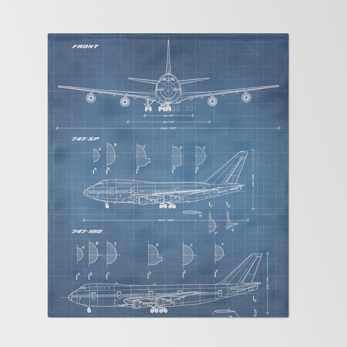 Boeing 747-SP and 747-100 Blueprint in High Resolution (light blue) Throw Blanket Gallery Image 2