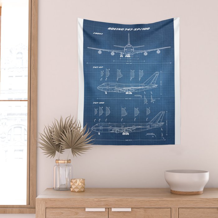 Boeing 747-SP and 747-100 Blueprint in High Resolution (light blue) Wall Tapestry Gallery Image 2
