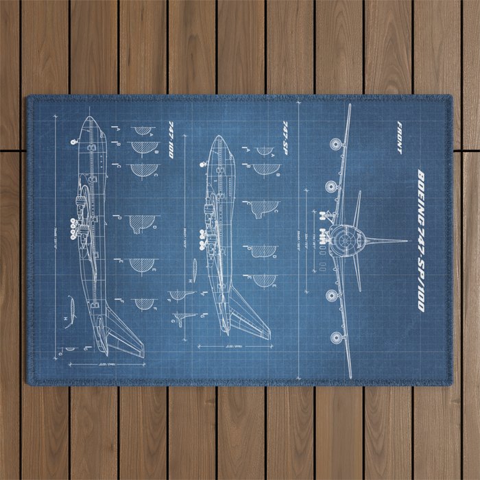 Boeing 747-SP and 747-100 Blueprint in High Resolution (light blue) Outdoor Rug Gallery Image 1