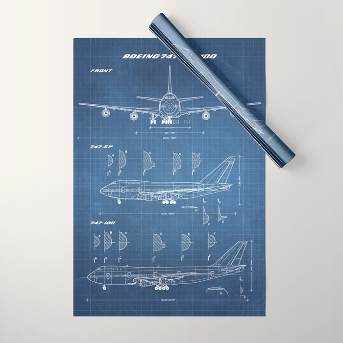Boeing 747-SP and 747-100 Blueprint in High Resolution (light blue) Wrapping Paper Gallery Image 1