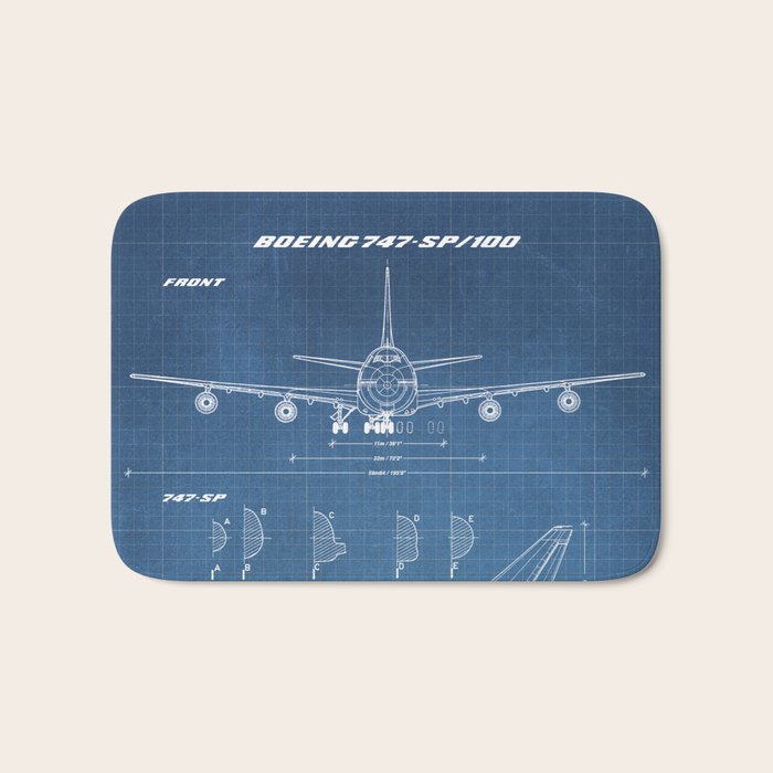 Boeing 747-SP and 747-100 Blueprint in High Resolution (light blue) Bath Mat Gallery Image 1