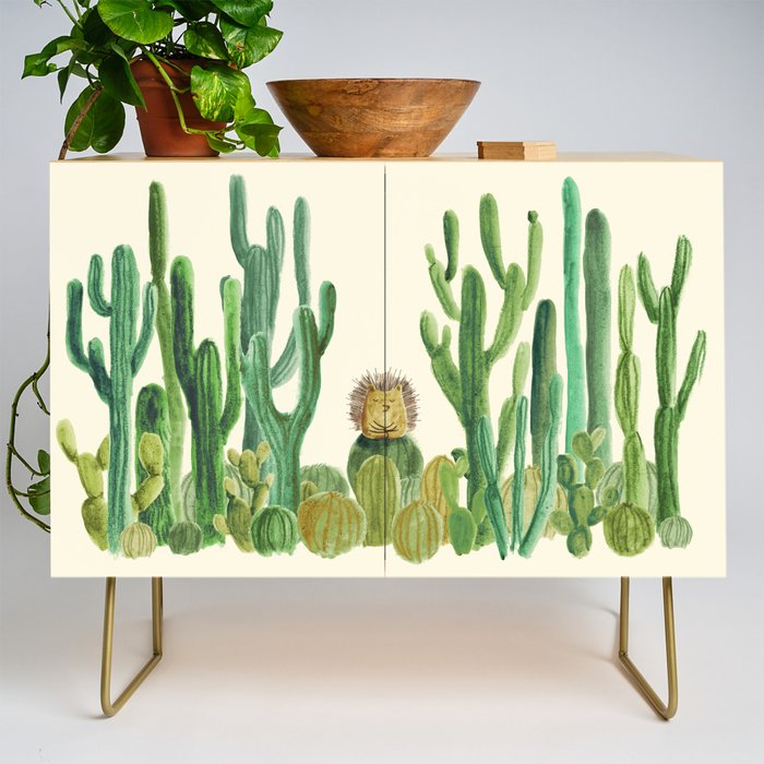 In my happy place - hedgehog meditating in cactus jungle Credenza Gallery Image 1