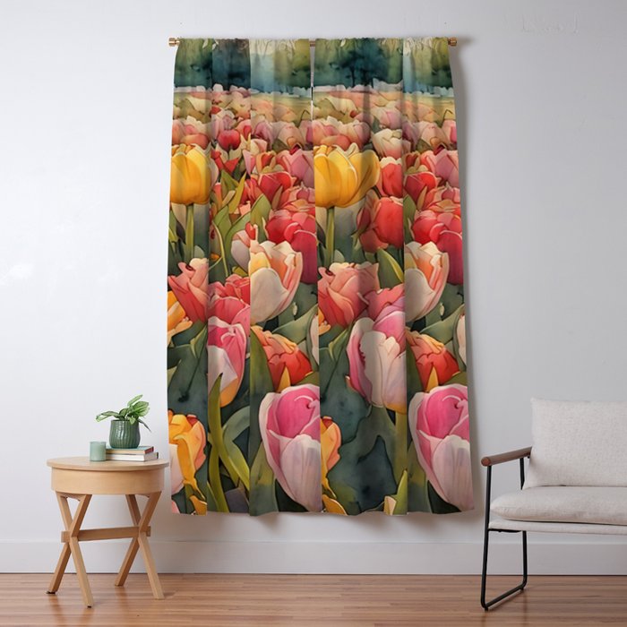 Colorful tulips watercolor Window Curtain Gallery Image 1