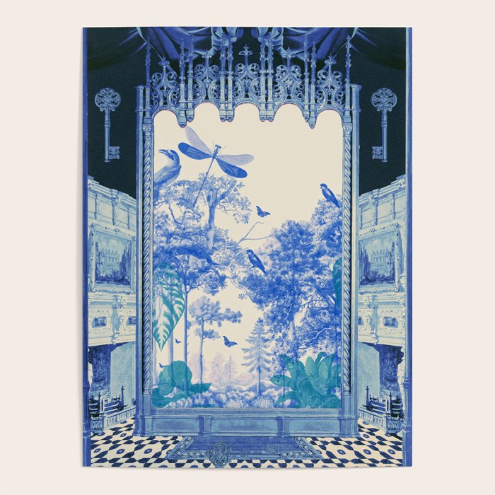 Blue Feelings - Surreal Botanical Collage with Ornate Baroque and Dreamlike Forest Poster Gallery Image 1