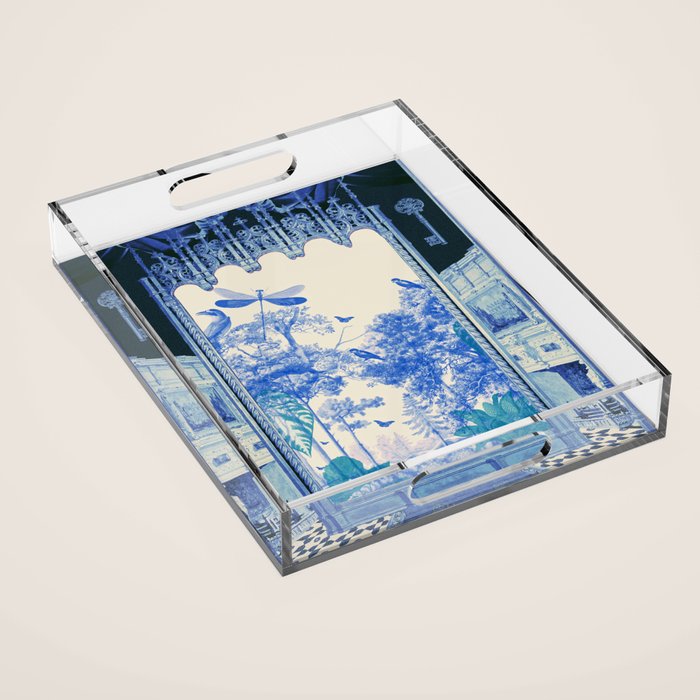 Blue Feelings - Surreal Botanical Collage with Ornate Baroque and Dreamlike Forest Acrylic Tray Gallery Image 1