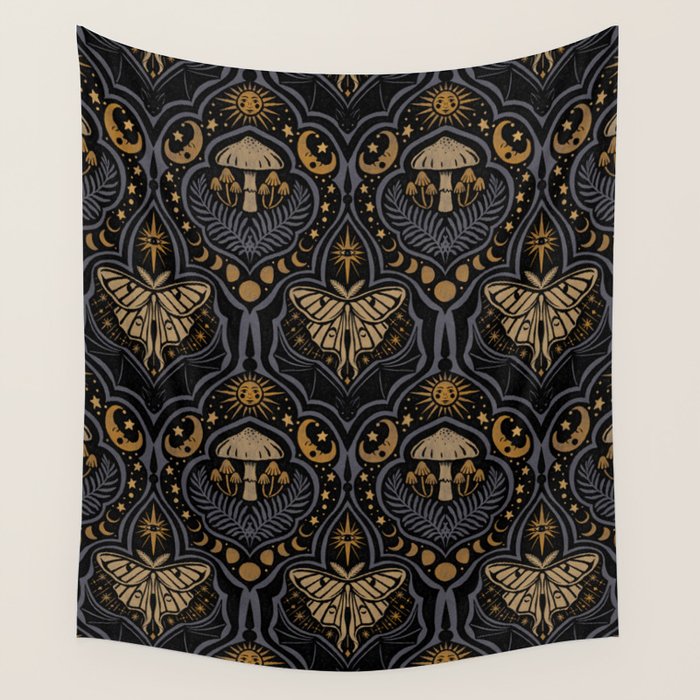 Celestial Forest Damask - Midnight Wall Tapestry Gallery Image 4