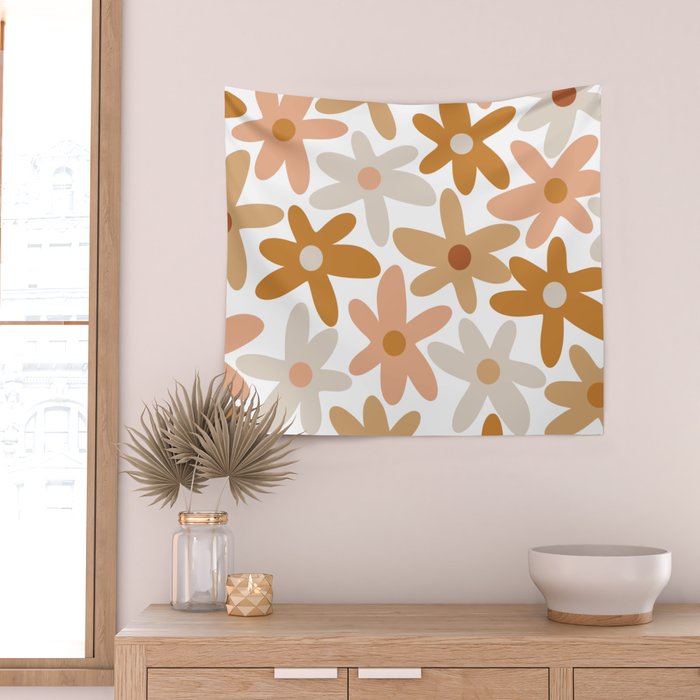 Daisy Time Floral Pattern Blush Ochre Putty on White Wall Tapestry Gallery Image 2