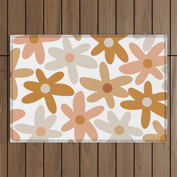 Daisy Time Floral Pattern Blush Ochre Putty on White Outdoor Rug Gallery Image 1