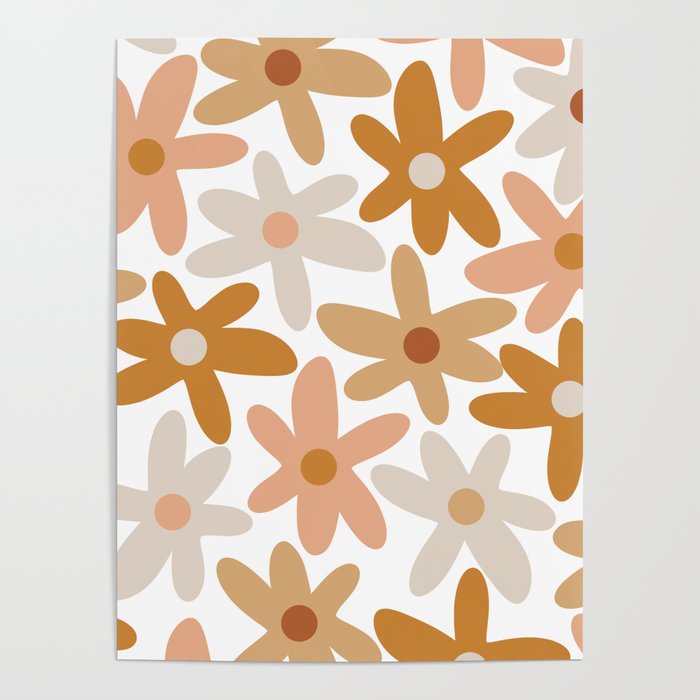 Daisy Time Floral Pattern Blush Ochre Putty on White Poster Gallery Image 1