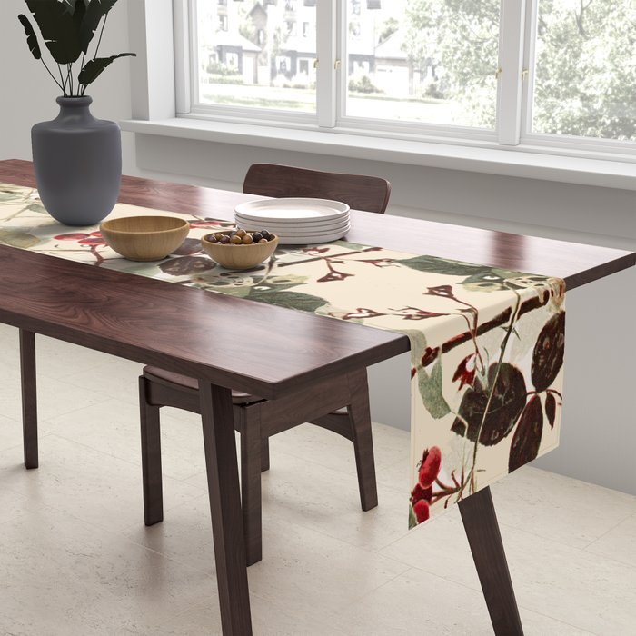 Vintage ivory red green forest berries floral Table Runner Gallery Image 2
