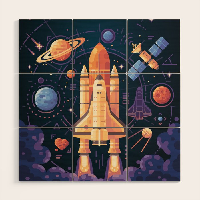Space Rocket in Solar System Wood Wall Art Gallery Image 1