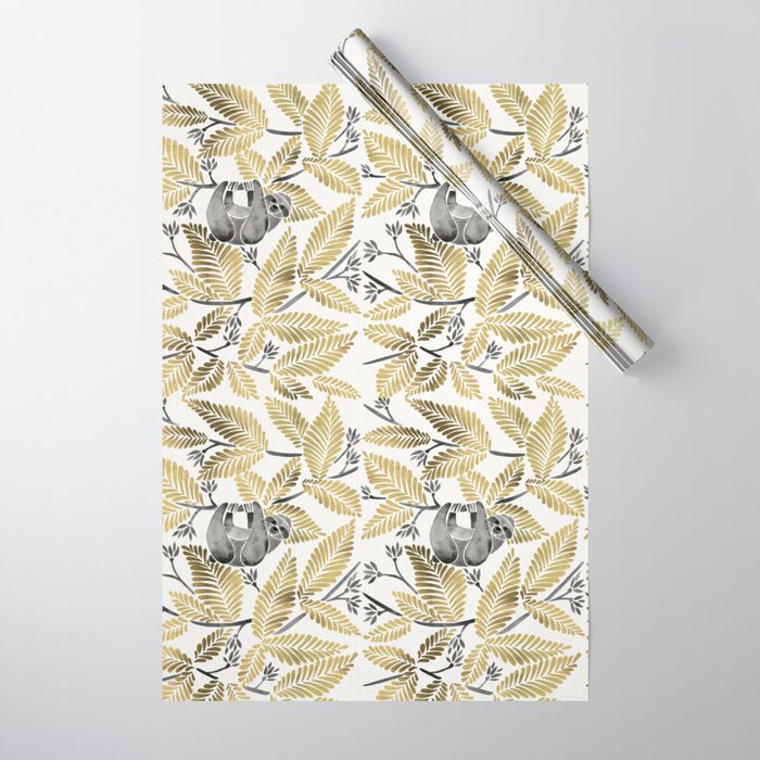 Happy Sloth - Tropical Gold Leaves Wrapping Paper Gallery Image 1