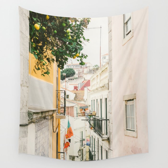 Lemon Tree in Alley of Old Town of Lisbon - Portugal Travel Photography Wall Tapestry Gallery Image 1