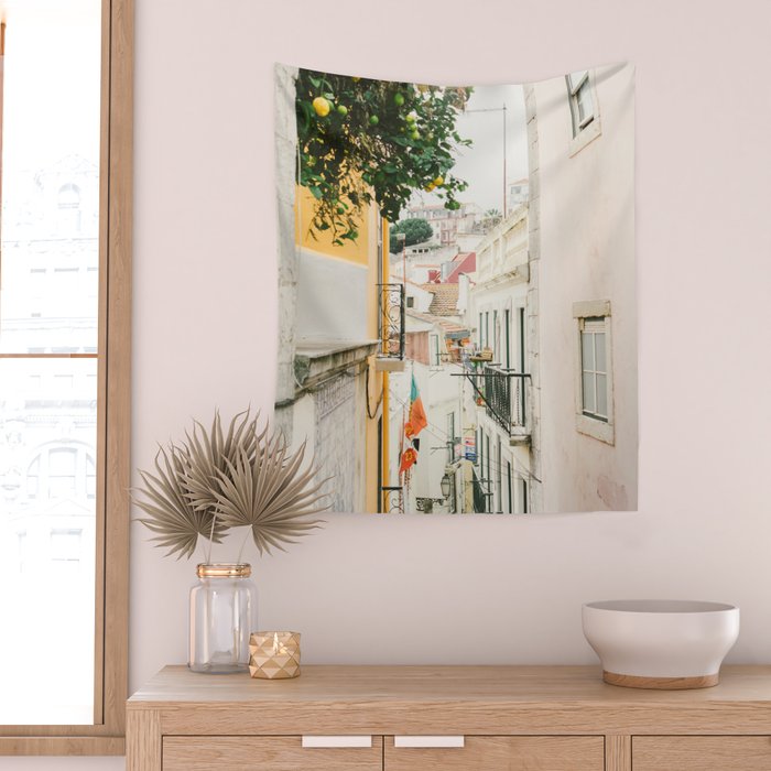 Lemon Tree in Alley of Old Town of Lisbon - Portugal Travel Photography Wall Tapestry Gallery Image 2