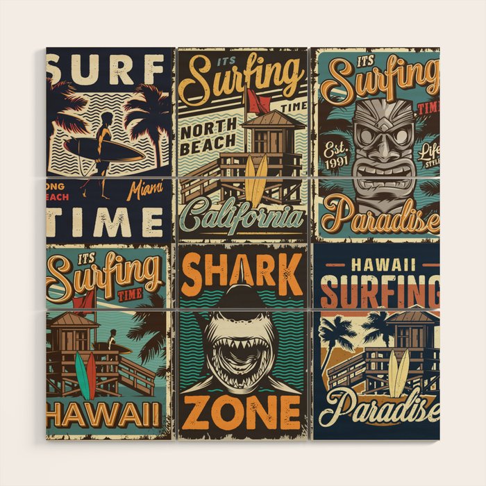 Vintage Surfing Poster Wood Wall Art Gallery Image 1