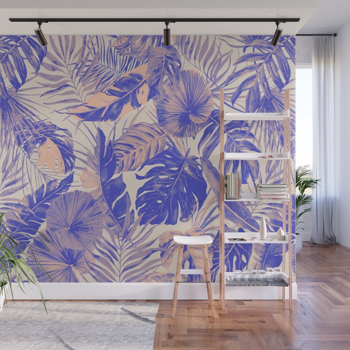 Blue and pink leafy jungle J Wall Mural Gallery Image 1