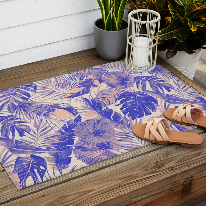 Blue and pink leafy jungle J Outdoor Rug Gallery Image 2