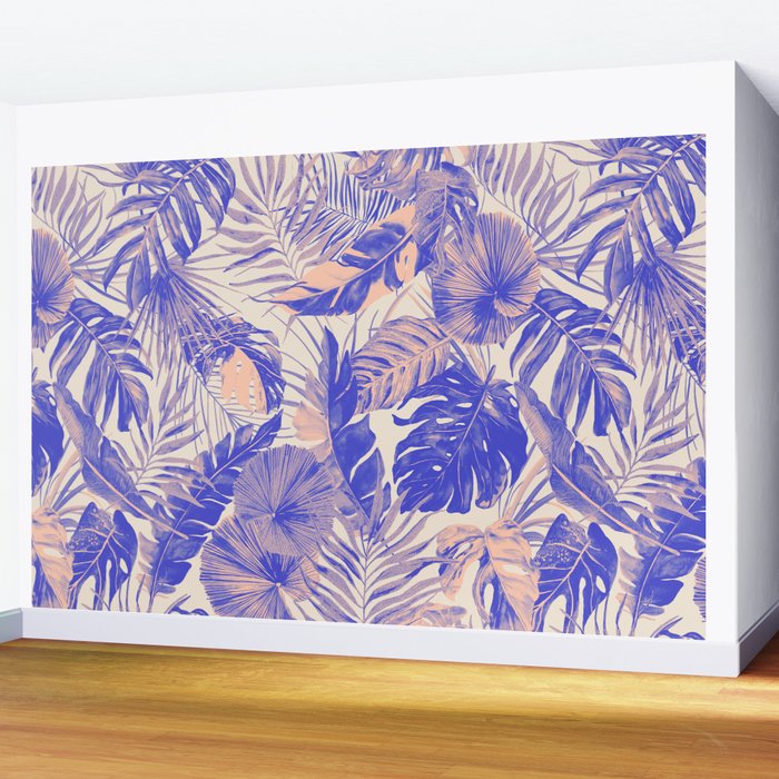Blue and pink leafy jungle J Wall Mural Gallery Image 2