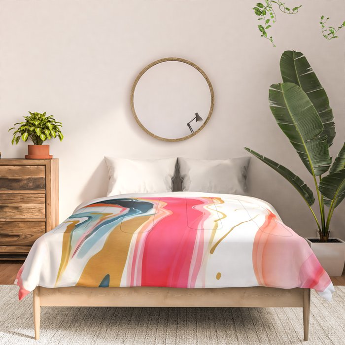 Colorgasmic Marble, Abstract Resin Fluid Painting, Contemporary Eclectic Agate, Bohemian Pink Blue Modern Boho Comforter Gallery Image 3