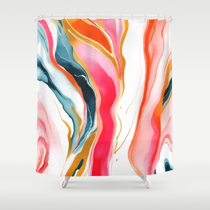 Colorgasmic Marble, Abstract Resin Fluid Painting, Contemporary Eclectic Agate, Bohemian Pink Blue Modern Boho Shower Curtain Gallery Image 1