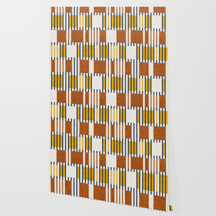 Bold minimalist retro stripes // midnight blue goldenrod yellow and copper brown geometric grid  Wallpaper Gallery Image 2