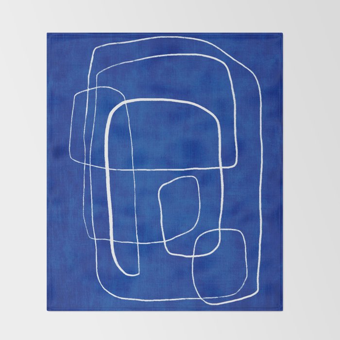 White Line Art Cobalt Blue Background Neon Look Throw Blanket Gallery Image 2