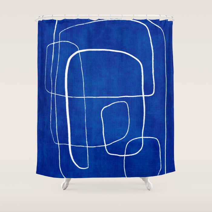 White Line Art Cobalt Blue Background Neon Look Shower Curtain Gallery Image 1