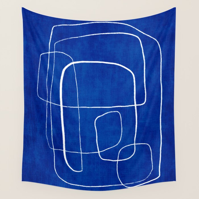White Line Art Cobalt Blue Background Neon Look Wall Tapestry Gallery Image 4