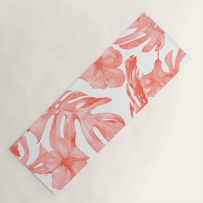 Tropical Hibiscus and Palm Leaves Dark Coral White Yoga Mat Gallery Image 1