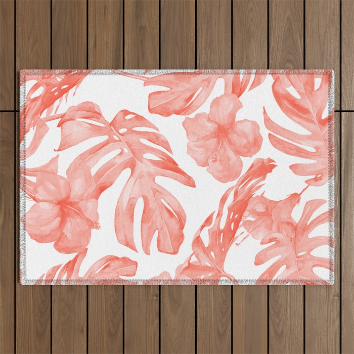 Tropical Hibiscus and Palm Leaves Dark Coral White Outdoor Rug Gallery Image 1