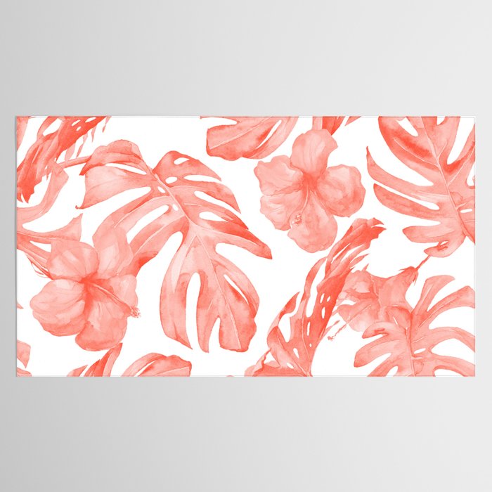 Tropical Hibiscus and Palm Leaves Dark Coral White Tablecloth Gallery Image 2