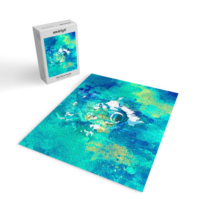 Teal yellow hand painted watercolor wolf Jigsaw Puzzle Gallery Image 2
