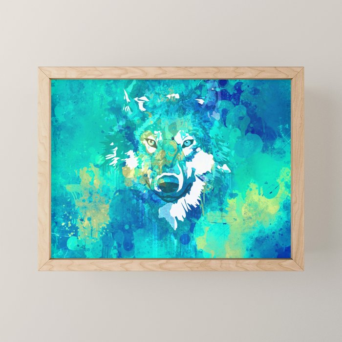 Teal yellow hand painted watercolor wolf Mini Art Print Gallery Image 1